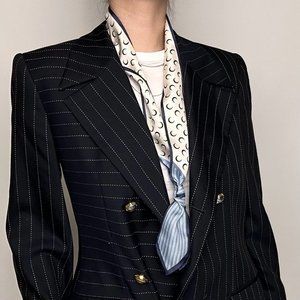 OUT OF STOCK Blue&Black& White Cresent Moons Double-Layer Pure Silk Skinny Scarf